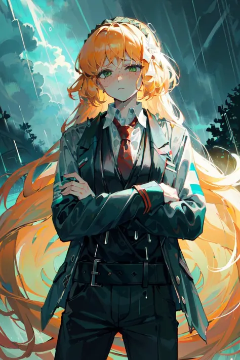 (masterpiece, best quality), illustration, ((rain, dark sky, storm, raining:1.5)), <lora:ishmaellimbus-000030:1>, ishmael_limbus, (default_outfit, red necktie, black vest), ((close-up)), ((frown, crossed arms))