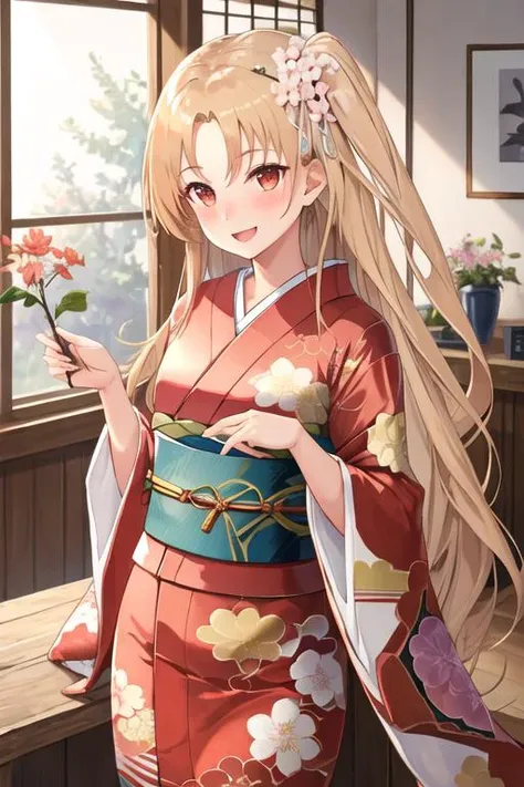 best quality, masterpiece, highres, solo, {cleveland_azurlane:1.15}, long_hair, blonde_hair, one_side_up, red_eyes, bangs, smile, blush, 1girl, hair_ornament, japanese_clothes, kimono, looking_at_viewer, obi, sash, open_mouth, wide_sleeves, flower, hair_between_eyes, hair_flower, parted_bangs