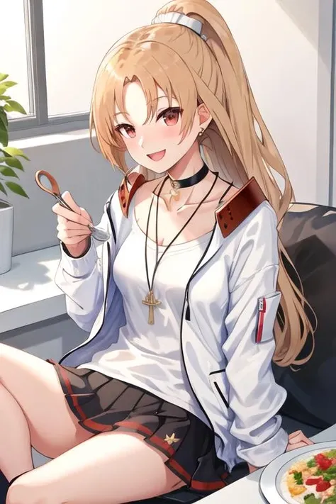 Masterpiece, Best quality, A high resolution, Kitagawa Marin, 1girll, Sepia hair, Long hair,Panda hood, (The vaginal lips can be seen through the underwear:1.5), One-piece pajamas, White all-inclusive pajamas,Fuzzy clothes,Toothy smile, Be red in the face,Shy,gasps,裸露的女生, Squat in a chair,spread their legs,