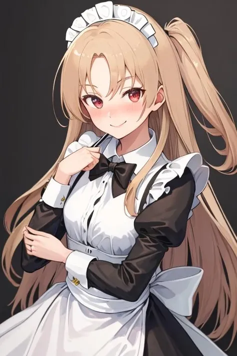best quality, masterpiece, highres, solo, {maid:1.40}, {long maid dress:1.15}, {cleveland_azurlane:1.15}, long_hair, blonde_hair, one_side_up, red_eyes, bangs, smile, blush