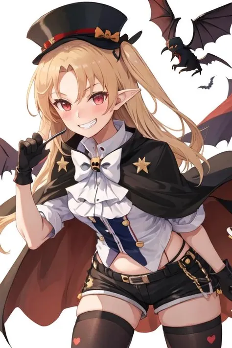 best quality, masterpiece, highres, solo, {cleveland_azurlane:1.15}, long_hair, blonde_hair, one_side_up, red_eyes, bangs, smile, blush, 1girl, cape, hat, mini_hat, top_hat, black_gloves, gloves, looking_at_viewer, pointy_ears, mini_top_hat, shorts, bow, bowtie, halloween, thighhighs, black_shorts, fingerless_gloves, grin