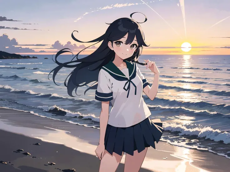 <lora:kancolle_ushio:1>, masterpiece, best quality, absurdres, perfect anatomy, 4K, 8K, (1girl, solo:1.3), (ushio, ahoge, school uniform, serafuku, short sleeves, pleated skirt), smile,
(outdoors, seaside, seashore, greek ocean view, Mediterranean Sea:1.2), (evening, evening mood, summer sunset:1.3), (breeze, wind, lens flare:0.9),
detailed background, (official art, best quality illustration:0.9), (pop art, Ligne claire:1.3),
<lora:epiNoiseoffset_v2Pynoise:0.5>, <lora:flat2:0.7>