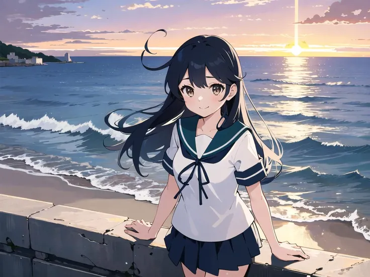 <lora:kancolle_ushio:1>, masterpiece, best quality, absurdres, perfect anatomy, 4K, 8K, (1girl, solo:1.3), (ushio, ahoge, school uniform, serafuku, short sleeves, pleated skirt), smile,
(outdoors, seaside, seashore, greek ocean view, Mediterranean Sea:1.2), (evening, evening mood, summer sunset:1.3), (breeze, wind, lens flare:0.9),
detailed background, (official art, best quality illustration:0.9), (pop art, Ligne claire:1.3),
<lora:epiNoiseoffset_v2Pynoise:0.5>, <lora:flat2:0.7>
