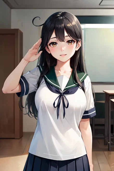 (masterpiece, best quality, extremely detailed, absurdres, absolutely resolution, 4K, 8K, realistic:1.2) 1girl, ushio, black hair, long hair, ahoge, brown eyes, school uniform, serafuku, short sleeves, pleated skirt <lora:kancolle_ushio-15:1> looking at viewer, smile, parted lips, salute pose, standing at attention, cinematic lighting,