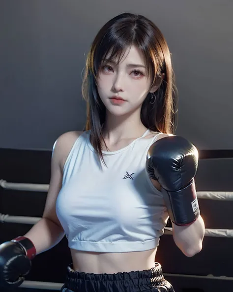 masterpiece, top quality, (realistic, photorealistic: 1.4), (RAW photo: 1.2), very elaborate CG Unity 8K wallpaper, very delicate and beautiful, wonderful, attention to detail, official art, absurdity, incredibly ridiculous, huge file size, very fine, very elaborate, beautiful eyes and face, beautiful elaborate eyes, light on the face, one girl, Long Hair, (Pom) Navel, Upper Body, Short Sleeved T-Shirt, Boxing Gloves, Bare Arms, Bangs, Boxing Gym, Boxing Ring, ULZZANG-6500-v1.1