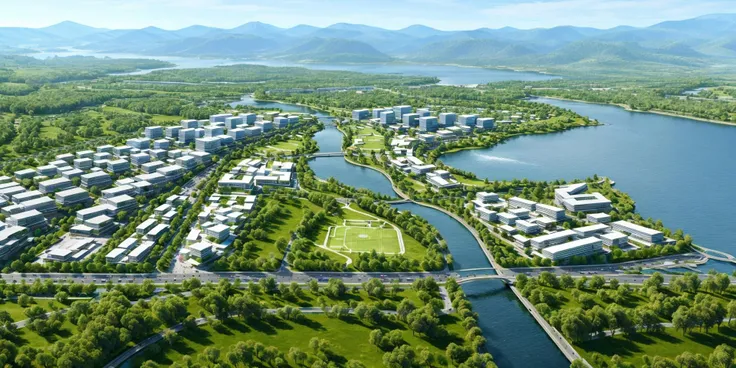 bright sunshine, front sunlight,Waterfront park, waterfront landscape, abundant plants, lots of trees, sunlight, public blocks, urban planning, daytime, mountains, public squares, city roads, city skylines, various building facades, lively city streets, rivers, Bridges, viewing angles, enough detail, best quality, masterpieces, high resolution, 8k, HD, super realistic, Photorealistic, highly detailed, <lora:Bird's-eye view of urban design scenes:0.6>