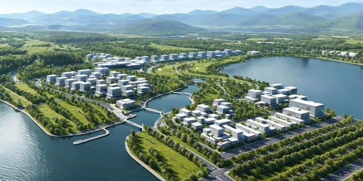 bright sunshine, front sunlight,Waterfront park, waterfront landscape, abundant plants, lots of trees, sunlight, public blocks, urban planning, daytime, mountains, public squares, city roads, city skylines, various building facades, lively city streets, rivers, Bridges, viewing angles, enough detail, best quality, masterpieces, high resolution, 8k, HD, super realistic, Photorealistic, highly detailed, <lora:Bird's-eye view of urban design scenes:0.6>
