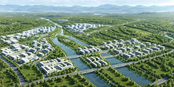 bright sunshine, front sunlight,Waterfront park, waterfront landscape, abundant plants, lots of trees, sunlight, public blocks, urban planning, daytime, mountains, public squares, city roads, city skylines, various building facades, lively city streets, rivers, Bridges, viewing angles, enough detail, best quality, masterpieces, high resolution, 8k, HD, super realistic, Photorealistic, highly detailed, <lora:Bird's-eye view of urban design scenes:0.6>