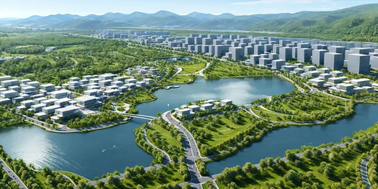 bright sunshine, front sunlight,Waterfront park, waterfront landscape, abundant plants, lots of trees, sunlight, public blocks, urban planning, daytime, mountains, public squares, city roads, city skylines, various building facades, lively city streets, rivers, Bridges, viewing angles, enough detail, best quality, masterpieces, high resolution, 8k, HD, super realistic, Photorealistic, highly detailed, <lora:Bird's-eye view of urban design scenes:0.6>