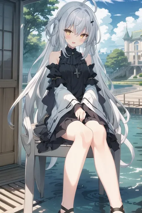(best quality:1.3),(masterpiece:1.3),(illustration:1.3),extremely delicate and beautiful, extremely detailed, CG, unity, 8k wallpaper, Amazing, finely detail, official art, extremely detailed CG unity 8k wallpaper, 1girl,very young, beautiful detailed eyes,extremely detailed eyes and face,an extremely delicate and beautiful girl,extremely detailed face,solo,bush,shy,(seductive smile:0.7),bishoujo, adorable girl, kawaii,1girl, long hair, wide sleeves, solo, white hair, dress, blush, bangs, full body, detached sleeves, black footwear, long sleeves, bare shoulders, blue sky, hair between eyes, yellow eyes, open mouth, smile, purple dress, cross-laced footwea, body(bestshadow),((anextremelydelicateandbeautiful)),dynamicangle,floating,fairyland,dynamicangle,seaofflowers,beautifuldetailedgarden,wind,classic,spring,(detailedlight),feather,nature,(sunlight),river,forest,(((floatingpalace))),((thebestbuilding)),beautifulanddelicatewater,(painting),(sketch),(bloom),(shine),white knee socks,sitting in a chair<lora:Hakua:1>
