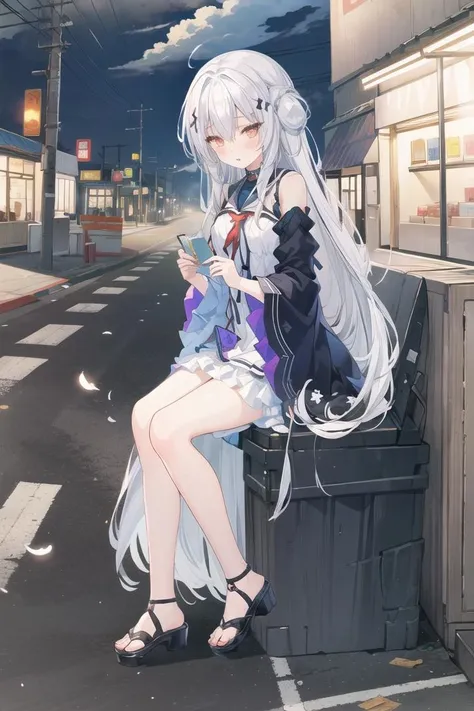 (best quality:1.3),(masterpiece:1.3),(illustration:1.3),extremely delicate and beautiful, extremely detailed, CG, unity, 8k wallpaper, Amazing, finely detail, official art, extremely detailed CG unity 8k wallpaper, 1girl,very young, beautiful detailed eyes,extremely detailed eyes and face,an extremely delicate and beautiful girl,extremely detailed face,solo,bush,shy,(seductive smile:0.7),bishoujo, adorable girl, kawaii,1girl, long hair, wide sleeves, solo, white long hair, dress, blush, bangs, full body, detached sleeves, black footwear, long sleeves, bare shoulders, blue sky, hair between eyes, yellow eyes, open mouth, smile, purple dress, cross-laced footwea, body(bestshadow),((anextremelydelicateandbeautiful)),(convenience store),(trash bin),(smoke swirling),(plastic bags),(overflowing garbage),(hum of traffic),(bright neon lights),(city streets),(lonely figure),(lost in thought),(cigarette embers),(clouds of vapor),(the smell of trash),sitting in a chair<lora:Hakua:1>