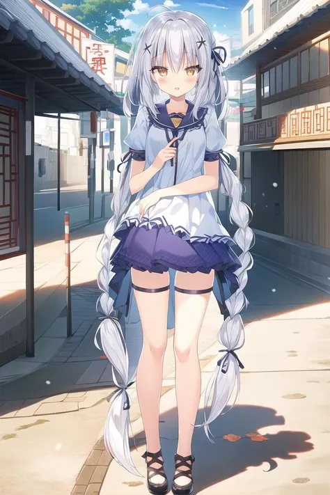 ((full body)), (best quality:1.3),(masterpiece:1.3),(illustration:1.3),extremely delicate and beautiful, extremely detailed, CG, unity, 8k wallpaper, Amazing, finely detail, official art, extremely detailed CG unity 8k wallpaper, 1girl,very young, beautiful detailed eyes,extremely detailed eyes and face,an extremely delicate and beautiful girl,extremely detailed face,solo,bush,shy,(seductive smile:0.7),(open mouth:0.5),bishoujo, adorable girl, kawaii,1girl, long hair, solo, skirt, braid, very long hair,blue shirt, white skirt, short sleeves, blush, white hair, hair ornament, full body, frills, shoes, own hands together, hair ribbon, shirt, ribbon, zettai ryouiki, bangs, bow, single braid, black footwear, frilled skirt, open mouth, yellow eyes, x hair ornament, hair between eyes, black ribbon, (an extremely delicate and beautiful),((masterpiece)),(((bestquality))),((ultra-detailed)),((illustration)),((solo)),((((a girl)))),((beautiful detailed eyes)),white hair,spring festival,(((chinese new year))),((lunar new year)),firecracker,Temple Fair,((busy street)),detailed fireworks, finely detail,(firecracker),((thebestbuilding)),(bestshadow),many people,snow, <lora:Hakua:1>