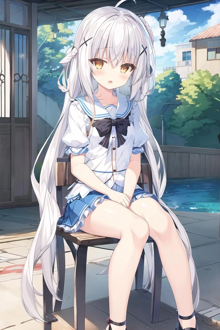 ((full body)), (best quality:1.3),(masterpiece:1.3),(illustration:1.3),extremely delicate and beautiful, extremely detailed, CG, unity, 8k wallpaper, Amazing, finely detail, official art, extremely detailed CG unity 8k wallpaper, 1girl,very young, beautiful detailed eyes,extremely detailed eyes and face,an extremely delicate and beautiful girl,extremely detailed face,solo,bush,shy,(seductive smile:0.7),(open mouth:0.5),bishoujo, adorable girl, kawaii,1girl, long hair, solo, skirt, braid, very long hair,blue shirt, white skirt, short sleeves, blush, white hair, hair ornament, full body, frills, shoes, own hands together, hair ribbon, shirt, ribbon, zettai ryouiki, bangs, bow, single braid, black footwear, frilled skirt, open mouth, yellow eyes, x hair ornament, hair between eyes, black ribbon, blue sky, sitting in a chair , <lora:Hakua:1>