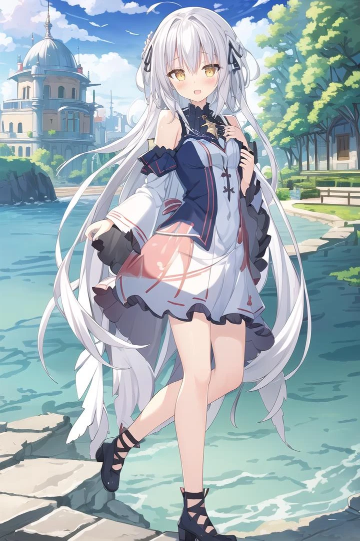 (best quality:1.3),(masterpiece:1.3),(illustration:1.3),extremely delicate and beautiful, extremely detailed, CG, unity, 8k wallpaper, Amazing, finely detail, official art, extremely detailed CG unity 8k wallpaper, 1girl,very young, beautiful detailed eyes,extremely detailed eyes and face,an extremely delicate and beautiful girl,extremely detailed face,solo,bush,shy,(seductive smile:0.7),bishoujo, adorable girl, kawaii,1girl, long hair, wide sleeves, solo, white hair, dress, blush, bangs, full body, detached sleeves, black footwear, long sleeves, bare shoulders, blue sky, hair between eyes, yellow eyes, open mouth, smile, purple dress, cross-laced footwea, body(bestshadow),((anextremelydelicateandbeautiful)),dynamicangle,floating,fairyland,dynamicangle,seaofflowers,beautifuldetailedgarden,wind,classic,spring,(detailedlight),feather,nature,(sunlight),river,forest,(((floatingpalace))),((thebestbuilding)),beautifulanddelicatewater,(painting),(sketch),(bloom),(shine),white knee socks,sitting in a chair<lora:Hakua:1>