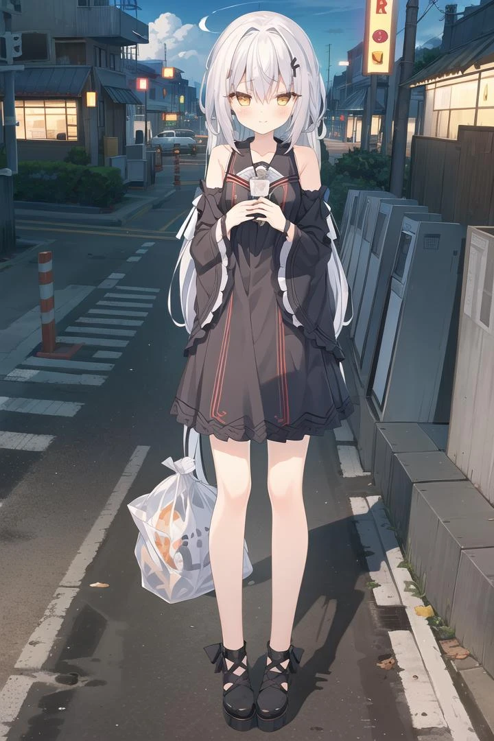 (best quality:1.3),(masterpiece:1.3),(illustration:1.3),extremely delicate and beautiful, extremely detailed, CG, unity, 8k wallpaper, Amazing, finely detail, official art, extremely detailed CG unity 8k wallpaper, 1girl,very young, beautiful detailed eyes,extremely detailed eyes and face,an extremely delicate and beautiful girl,extremely detailed face,solo,bush,shy,(seductive smile:0.7),bishoujo, adorable girl, kawaii,1girl, long hair, wide sleeves, solo, white hair, dress, blush, bangs, full body, detached sleeves, black footwear, long sleeves, bare shoulders, blue sky, hair between eyes, yellow eyes, open mouth, smile, purple dress, cross-laced footwea, body(bestshadow),((anextremelydelicateandbeautiful)),(convenience store),(trash bin),(smoke swirling),(plastic bags),(overflowing garbage),(hum of traffic),(bright neon lights),(city streets),(lonely figure),(lost in thought),(cigarette embers),(clouds of vapor),(the smell of trash),sitting in a chair<lora:Hakua:1>