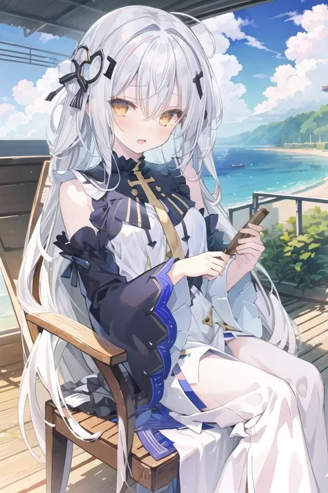 (best quality:1.3),(masterpiece:1.3),(illustration:1.3),extremely delicate and beautiful, extremely detailed, CG, unity, 8k wallpaper, Amazing, finely detail, official art, extremely detailed CG unity 8k wallpaper, 1girl,very young, beautiful detailed eyes,extremely detailed eyes and face,an extremely delicate and beautiful girl,extremely detailed face,solo,bush,shy,(seductive smile:0.7),bishoujo, adorable girl, kawaii,1girl, long hair, wide sleeves, solo, white long hair, dress, blush, bangs, full body, detached sleeves, black footwear, long sleeves, bare shoulders, blue sky, hair between eyes, yellow eyes, open mouth, smile, purple dress, cross-laced footwea, body(bestshadow),((anextremelydelicateandbeautiful)),(lazy afternoon), (swaying chair), ((smoky cigars)), (content girl), (soft breeze), ((crackling leaves)), (peaceful surroundings), (relaxing sounds), (tranquil setting), (aromatic smoke), ((slow drags)), (clear blue skies), (soothing views), (comfortable warmth), (calm atmosphere), (quiet contemplation)<lora:Hakua:1>