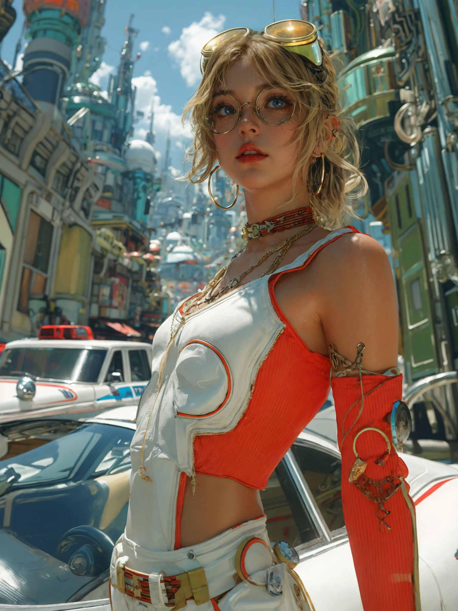 xuer dieselpunk,1girl,jewelry,solo,blonde hair,earrings,sky,day,parted lips,hoop earrings,cloud,outdoors,city,gloves,goggles,realistic,building,blue eyes,chain,belt,blue sky,choker,looking at viewer,necklace,dark skin,(round eyewear:1.5),detached sleeves,breasts,cowboy shot,
<lora:~Q?-glgQK xuer dieselpunk:0.8>,