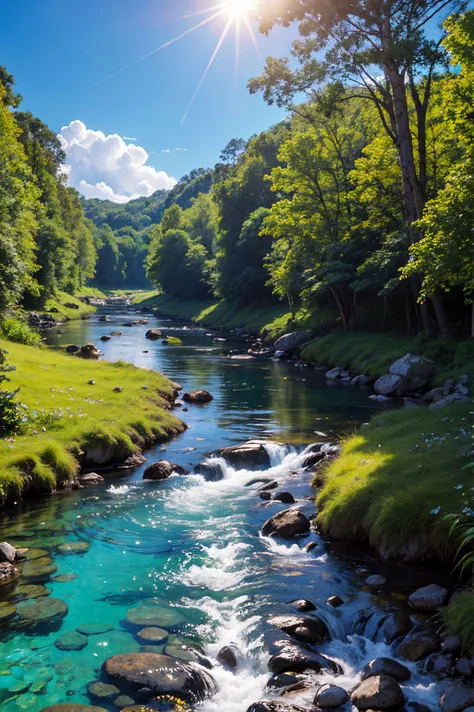 LEGO style,lush exotic forrest,with a crystal clear water river flowing thru the middle,fluffy white cloud,sun flare,blue skies,highest quality,highest resolution,8k UHD,HDR,