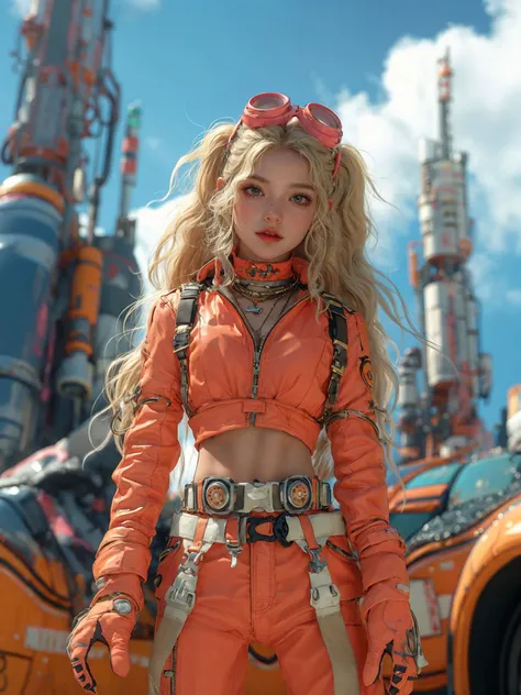 xuer dieselpunk, 1girl, solo, blonde hair, goggles, long hair, gloves, blurry, orange jacket, sky, day, belt, jewelry, zipper, midriff, goggles on head, outdoors, cloud, looking at viewer, blurry background, cowboy shot, blue sky, brown eyes, standing, navel, necklace, jacket, depth of field, orange gloves, cropped jacket, choker,
<lora:~Q?-glgQK xuer dieselpunk:0.8>,