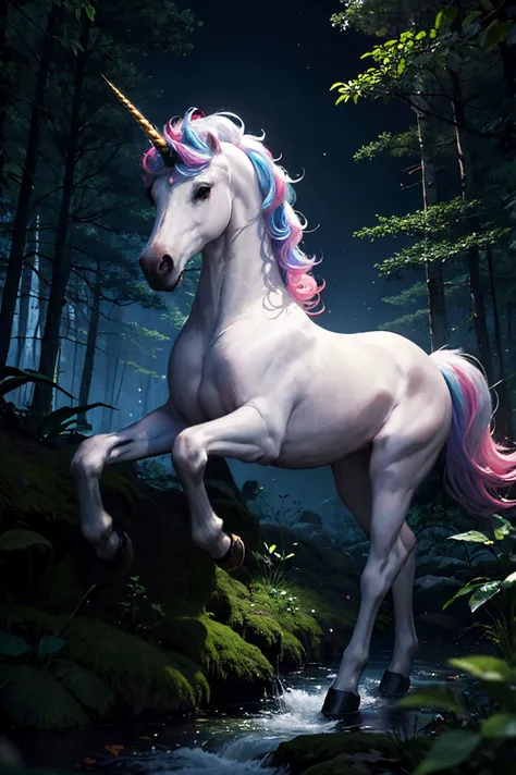 master piece,high quality,unicorn,in the forest,at night,white and rainbow light,J_origami,