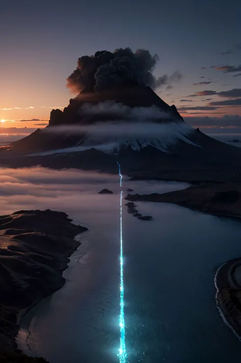 a epic vista,a group of young woman worshipping a giant goddess in the mist,by george perez,atmospheric,moody,at night,Dutch,aesthetical,frightening,prettyish,hair-raising,obscured,clouds,mist,
photorealistic,ultra detailed,ultra realistic,omuriceller,blue glacier volcano eruption,ultrawide lens,aerial photography,sunset,beautiful,cgsociety,artstation,8 k,