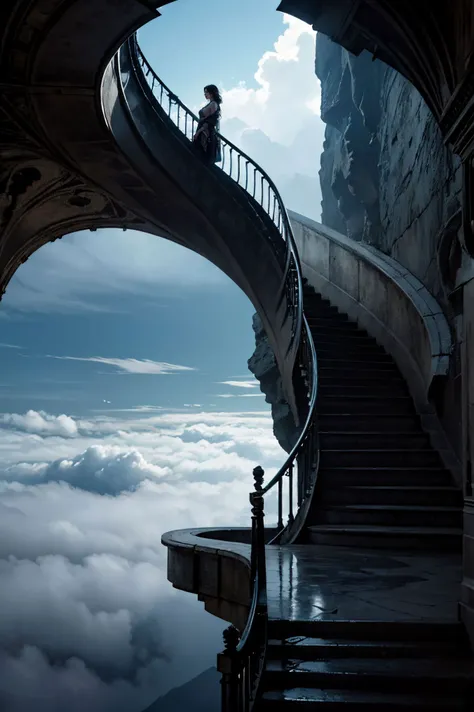 A surreal depiction of the quest for equality,represented by a vast,((endless staircase winding through the clouds)),with diverse people climbing together toward a shining,elusive doorway at the top. The scene blends elements of fantasy and reality,with barriers along the path symbolizing various social obstacles. The mood is hopeful yet challenging,with ethereal lighting and symbolic motifs scattered throughout.,