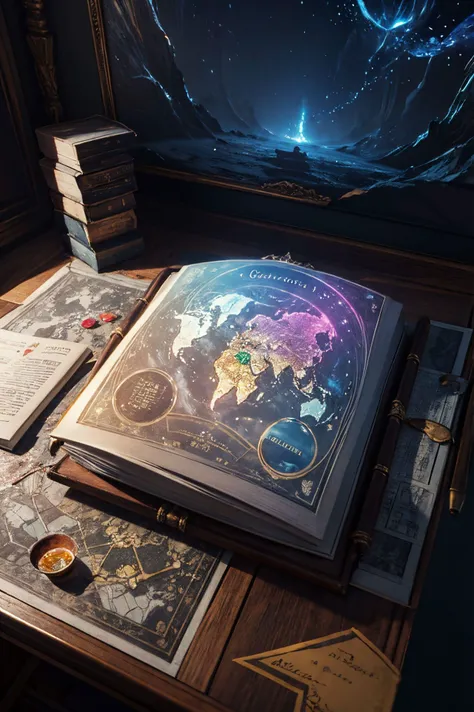 top view of a holographic magical map (3D, mining tunnels),torn and worn,map looks to be floating off the paper,sitting on a wizard's desk,magical multicolored ink,high quality,imagination,8k,fantasy art,vivid magical colors,style-paintmagic,