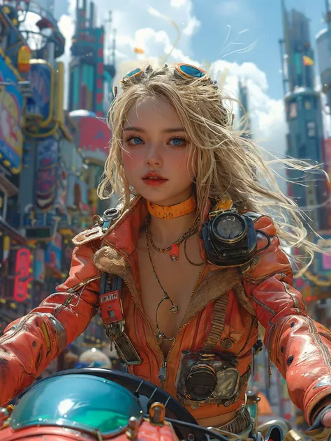 xuer dieselpunk,1girl,blonde hair,blue eyes,long hair,solo,jewelry,choker,day,parted lips,necklace,motorcycle,blurry,breasts,jacket,sky,outdoors,looking at viewer,realistic,lips,wind,unzipped,cloud,floating hair,city,cleavage,goggles on head,blurry background,depth of field,blue sky,upper body,
<lora:~Q?-glgQK xuer dieselpunk:0.8>,