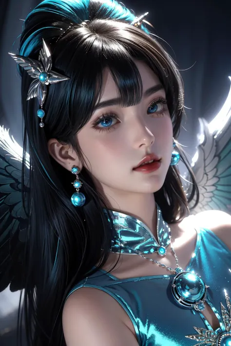 Masterpiece, top quality, pink hair, blue lightning, realistic, realistic details, high detail. Blue clothes. Blue Thunder. Blue crystal. Black suspended particles. Black smoke. Black crystals around. Black smoke wafts around. Warping the body. Warping the body. Horn. Darkness. Ochi Yami Yugi. Laugh. Very short. Boyish. Short hair. Short hair.
1 girl, beauty, , fine skin, anicos_No one,, navel, detached sleeves, bare shoulders, center opening, cleavage between breasts, middle breast, long feather hair clip, blue hair ornament, thigh height,watch viewer,isekai, ochi yami play. Temptation. Brainkill. Tattoo. Demon Tail. Gold pattern at chest. Luminescent tattoo. Luminescent tattoo. Devil's wings. Black and gold tiara. Tiara. Complex and luxurious tiara. Smile. Luminescent blades.