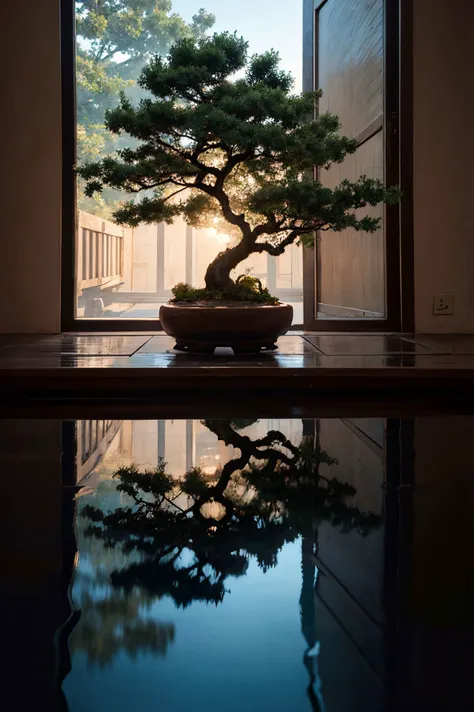 ink illustration,ink stains,ink splatters,ink runs,ink spots,faded ink,dramatic bonsai tree,plant on black reflective surface,sunrise,detailed,amazing natural lighting,earthy pastel colors,weeping for the lost children,symmetrical fractal pattern,linquivera,