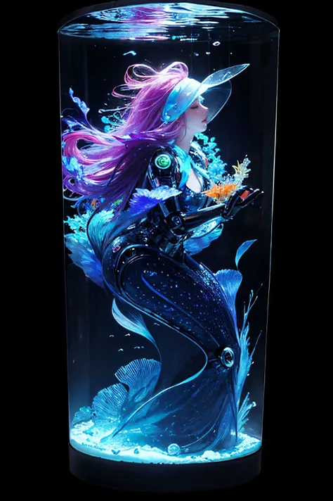 Seven transparent fish made out of circuitboard,in a tank,side view,looks beautiful and aesthetic,an android robot feeding them,soothing,real picture,