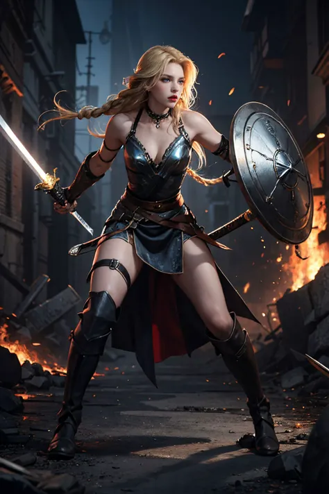 realistic,Viking,1girl,blue eyes,small breasts,full body image,blonde hair,solo,braided hair,angry,charging into battle,sword with etching in right hand,shield on left arm,