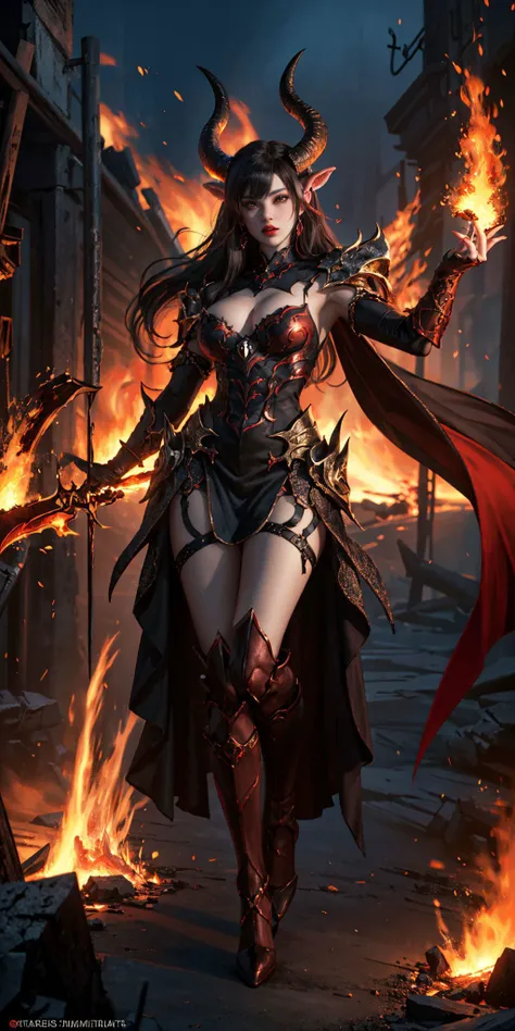 <lora:edgIfrit:0.8>,edgIfrit_dress,fire and brimstone,horns,1girl,full body,, (masterpiece, best quality, high quality, highres, ultra-detailed),