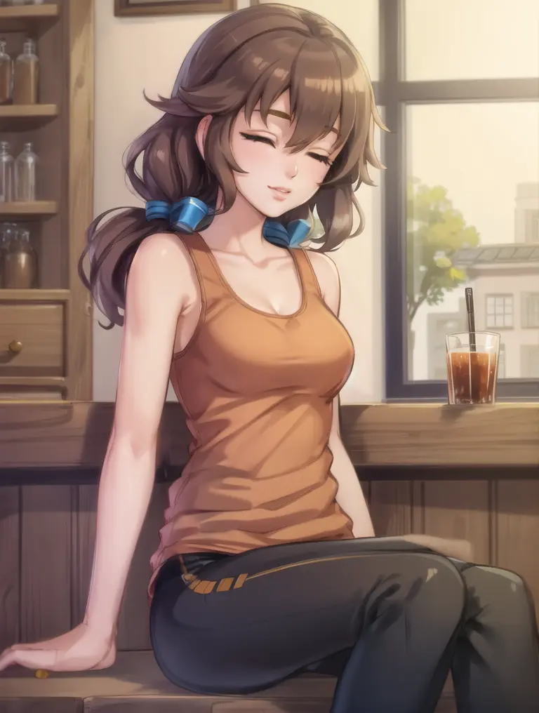 masterpiece, ultra high quality cg, best quality, 1girl, towa herschel, orange tank top, black spandex pants, bar, sitting on barstool, shotglass, half-closed eyes