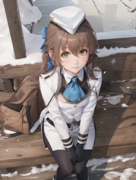 masterpiece, ultra high quality cg, 4K, best quality, towa herschel, hat, blue ascot, bow, white jacket, (white skirt), black stockings, black gloves, blushing, looking to the side, from above, winter day