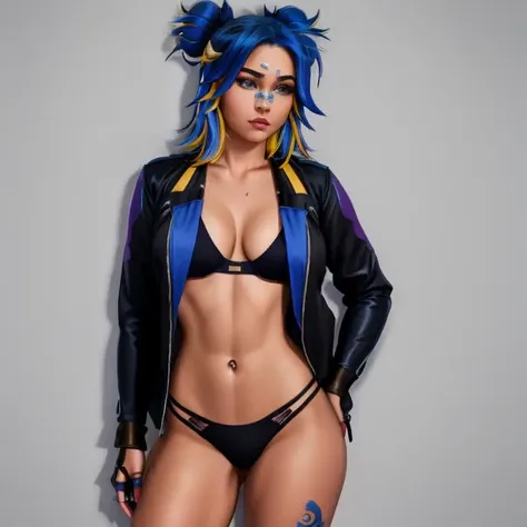 1girl, blue_hair, multicolored_hair, bandaid_on_face, bandaid_on_nose, two-tone_hair, blonde_highlights, twintails, fingerless_gloves, blue_eyes, navel, bangs, tattoo, black_gloves, two_side_up, dark-skinned_female, barefoot, detached_sleeves, solo, breasts, looking at viewer, smirk , small breasts, underwear, blue hair, panties, jacket, open clothes, open jacket, black panties, hands on hips, <lora:NeonV2-10:0.8>