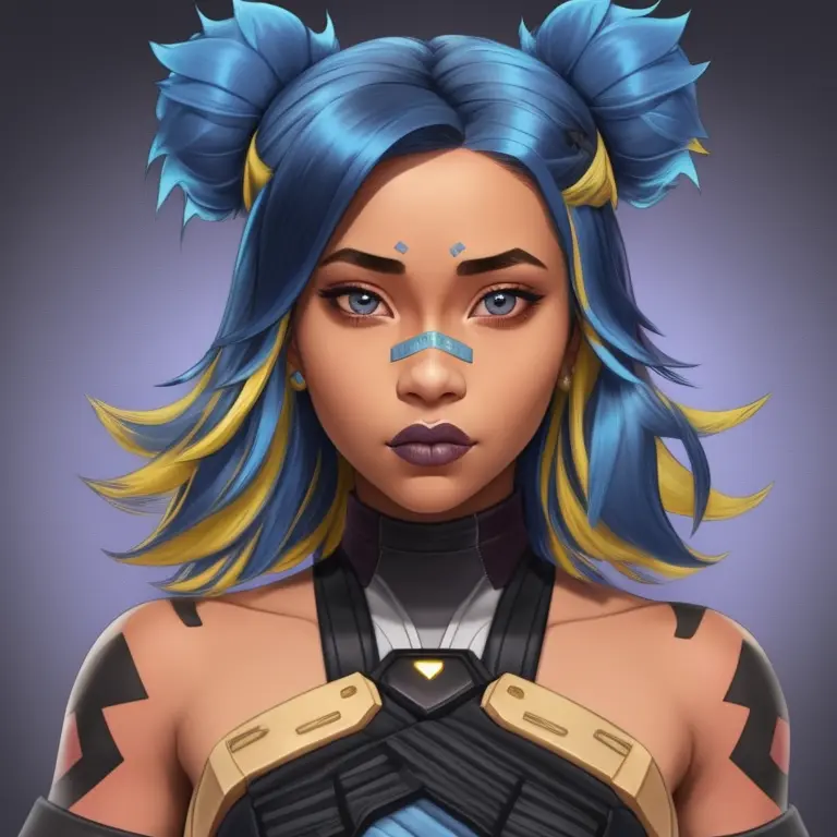 1girl, blue_hair, multicolored_hair, bandaid_on_face, bandaid_on_nose, two-tone_hair, blonde_highlights, twintails, fingerless_gloves, blue_eyes, navel, bangs, tattoo, black_gloves, two_side_up, dark-skinned_female, barefoo, solo, short hair, blonde hair, blue hair, dark skin, two-tone hair, dark-skinned female, , bandaid, short ponytail, bandaid on face, bandaid on nose, <lora:Neon-10:0.8>