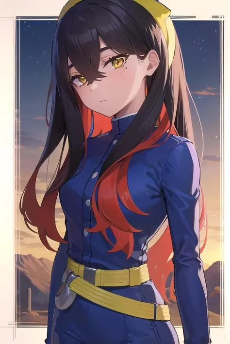 pokemoncarmine, <lora:pokemoncarmine-lora-nochekaiser:1>,
pokemoncarmine, black hair, colored inner hair, crossed bangs, hair between eyes, hairband, long hair, mole, mole under eye, multicolored hair, red hair, sidelocks, two-tone hair, (yellow eyes:1.5), yellow hairband,
BREAK buttons, long sleeves, jacket, gloves, red gloves, pants, belt, blue pants, blue jacket,
BREAK looking at viewer, upper body, full body, (cowboy shot:1.5),
BREAK outdoors, space, star, sun, sky,
BREAK <lyco:GoodHands-beta2:1>, (masterpiece:1.2), best quality, high resolution, unity 8k wallpaper, (illustration:0.8), (beautiful detailed eyes:1.6), extremely detailed face, perfect lighting, extremely detailed CG, (perfect hands, perfect anatomy),