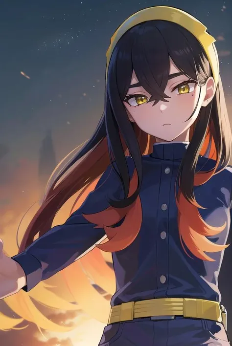 pokemoncarmine, <lora:pokemoncarmine-lora-nochekaiser:1>,
pokemoncarmine, black hair, colored inner hair, crossed bangs, hair between eyes, hairband, long hair, mole, mole under eye, multicolored hair, red hair, sidelocks, two-tone hair, (yellow eyes:1.5), yellow hairband,
BREAK buttons, long sleeves, jacket, gloves, red gloves, pants, belt, blue pants, blue jacket,
BREAK looking at viewer, upper body, full body, (cowboy shot:1.5),
BREAK outdoors, space, star, sun, sky,
BREAK <lyco:GoodHands-beta2:1>, (masterpiece:1.2), best quality, high resolution, unity 8k wallpaper, (illustration:0.8), (beautiful detailed eyes:1.6), extremely detailed face, perfect lighting, extremely detailed CG, (perfect hands, perfect anatomy),
