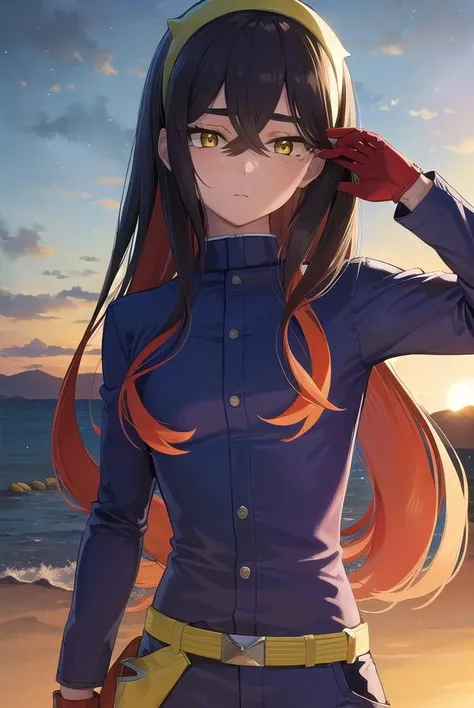 pokemoncarmine, <lora:pokemoncarmine-lora-nochekaiser:1>,
pokemoncarmine, black hair, colored inner hair, crossed bangs, hair between eyes, hairband, long hair, mole, mole under eye, multicolored hair, red hair, sidelocks, two-tone hair, (yellow eyes:1.5), yellow hairband,
BREAK buttons, long sleeves, jacket, gloves, red gloves, pants, belt, blue pants, blue jacket,
BREAK looking at viewer, upper body, full body, (cowboy shot:1.5),
BREAK outdoors, space, star, sun, sky,
BREAK <lyco:GoodHands-beta2:1>, (masterpiece:1.2), best quality, high resolution, unity 8k wallpaper, (illustration:0.8), (beautiful detailed eyes:1.6), extremely detailed face, perfect lighting, extremely detailed CG, (perfect hands, perfect anatomy),