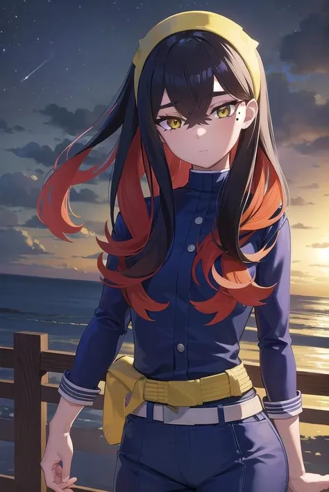 pokemoncarmine, <lora:pokemoncarmine-lora-nochekaiser:1>,
pokemoncarmine, black hair, colored inner hair, crossed bangs, hair between eyes, hairband, long hair, mole, mole under eye, multicolored hair, red hair, sidelocks, two-tone hair, (yellow eyes:1.5), yellow hairband,
BREAK buttons, long sleeves, jacket, gloves, red gloves, pants, belt, blue pants, blue jacket,
BREAK looking at viewer, upper body, full body, (cowboy shot:1.5),
BREAK outdoors, space, star, sun, sky,
BREAK <lyco:GoodHands-beta2:1>, (masterpiece:1.2), best quality, high resolution, unity 8k wallpaper, (illustration:0.8), (beautiful detailed eyes:1.6), extremely detailed face, perfect lighting, extremely detailed CG, (perfect hands, perfect anatomy),