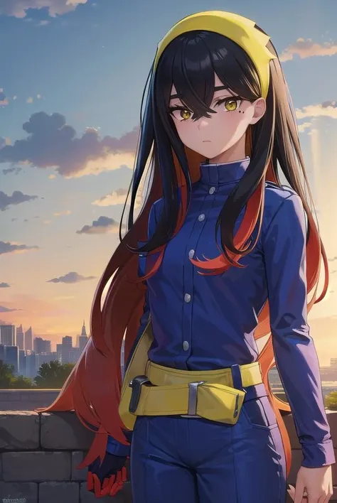 pokemoncarmine, <lora:pokemoncarmine-lora-nochekaiser:1>,
pokemoncarmine, black hair, colored inner hair, crossed bangs, hair between eyes, hairband, long hair, mole, mole under eye, multicolored hair, red hair, sidelocks, two-tone hair, (yellow eyes:1.5), yellow hairband,
BREAK buttons, long sleeves, jacket, gloves, red gloves, pants, belt, blue pants, blue jacket,
BREAK looking at viewer, upper body, full body, (cowboy shot:1.5),
BREAK outdoors, space, star, sun, sky,
BREAK <lyco:GoodHands-beta2:1>, (masterpiece:1.2), best quality, high resolution, unity 8k wallpaper, (illustration:0.8), (beautiful detailed eyes:1.6), extremely detailed face, perfect lighting, extremely detailed CG, (perfect hands, perfect anatomy),