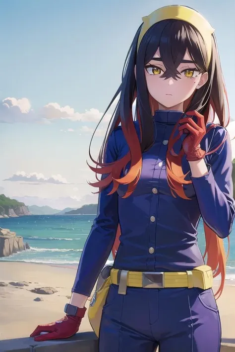 pokemoncarmine, <lora:pokemoncarmine-lora-nochekaiser:1>,
pokemoncarmine, black hair, colored inner hair, crossed bangs, hair between eyes, hairband, long hair, mole, mole under eye, multicolored hair, red hair, sidelocks, two-tone hair, (yellow eyes:1.5), yellow hairband,
BREAK buttons, long sleeves, jacket, gloves, red gloves, pants, belt, blue pants, blue jacket,
BREAK looking at viewer, upper body, full body, (cowboy shot:1.5),
BREAK outdoors, space, star, sun, sky,
BREAK <lyco:GoodHands-beta2:1>, (masterpiece:1.2), best quality, high resolution, unity 8k wallpaper, (illustration:0.8), (beautiful detailed eyes:1.6), extremely detailed face, perfect lighting, extremely detailed CG, (perfect hands, perfect anatomy),