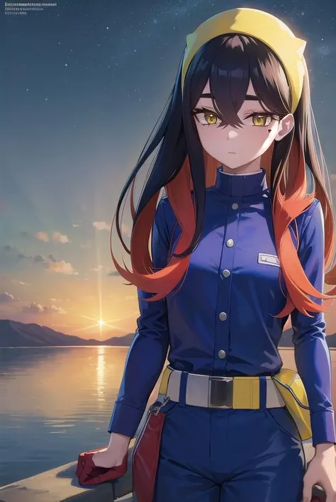 pokemoncarmine, <lora:pokemoncarmine-lora-nochekaiser:1>,
pokemoncarmine, black hair, colored inner hair, crossed bangs, hair between eyes, hairband, long hair, mole, mole under eye, multicolored hair, red hair, sidelocks, two-tone hair, (yellow eyes:1.5), yellow hairband,
BREAK buttons, long sleeves, jacket, gloves, red gloves, pants, belt, blue pants, blue jacket,
BREAK looking at viewer, upper body, full body, (cowboy shot:1.5),
BREAK outdoors, space, star, sun, sky,
BREAK <lyco:GoodHands-beta2:1>, (masterpiece:1.2), best quality, high resolution, unity 8k wallpaper, (illustration:0.8), (beautiful detailed eyes:1.6), extremely detailed face, perfect lighting, extremely detailed CG, (perfect hands, perfect anatomy),