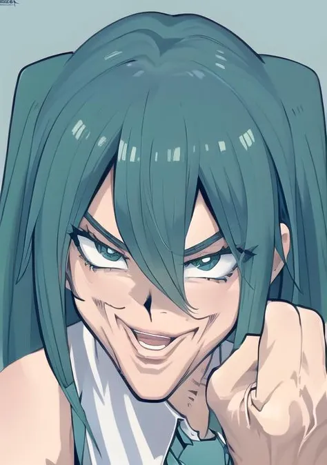 <lyco:Joey1-08:1> Joey1, 1girl, solo, long hair, looking at viewer, open mouth, simple background, shirt, hair between eyes, twintails, necktie, sleeveless, collared shirt, hand up, signature, aqua eyes, sleeveless shirt, aqua hair, blue background, clenched hand, portrait, grey shirt, aqua necktie