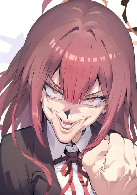 <lyco:Joey1-08:1> Joey1, 1girl, solo, long hair, looking at viewer, open mouth, bangs, shirt, ribbon, white shirt, pink hair, red hair, horns, red ribbon, orange eyes, neck ribbon, halo, clenched hand
