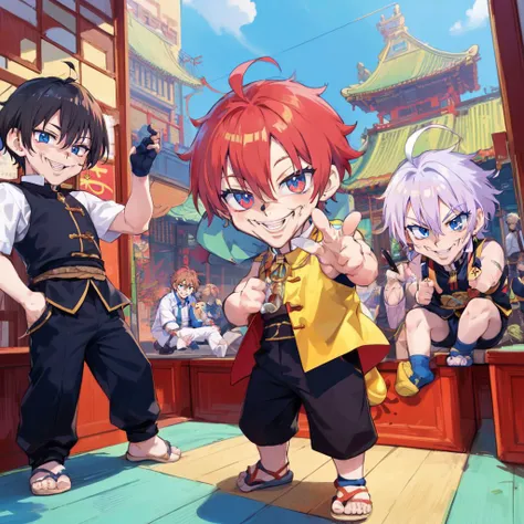 (colorful:0.9), (deailed:1.2), outline, window, east asian architecture,
cityscape, hong kong,
kung fu, , (6+boys, multiple_boys :1.5), (ddler_ch.2), (chibi, dwarf:1.3), messy_hair, ahoge, oversized_object, (happy:1.2), (grin:1.2), open_mouth, suit, pants, loud_laughter, thumbs_up, <lora:add_detail:0.3>