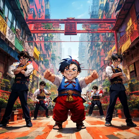 (colorful:0.9), (deailed:1.2), outline, window, east asian architecture,
cityscape, hong kong,
kung fu, , (6+boys, multiple_boys :1.5), (toddler_child:1.2), (chibi, dwarf:1.3), messy_hair, ahoge, oversized_object, (happy:1.2), (grin:1.2), open_mouth, suit, pants, loud_laughter, thumbs_up, <lora:add_detail:0.3>