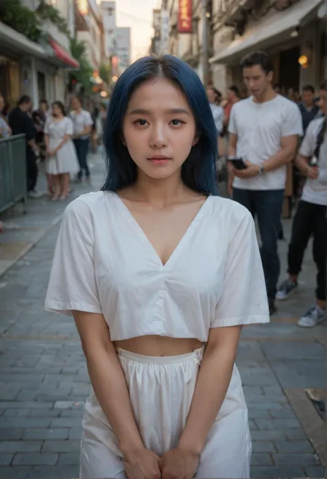 score_9, score_8_up, score_7_up, 1girl, looking at viewer, blue hair, portrait, blue eyes, white shirt, singaporean, full body, outdoor, crowd in circle