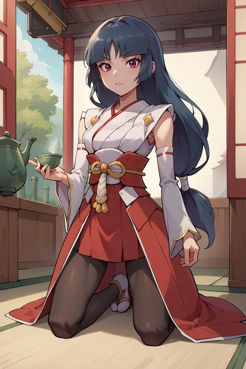score_9, score_8_up, source_anime, 1girl, solo BREAK <lora:sabrina-pdxl-nvwls-v1-000006:1> nysab, low-tied long hair, blunt bangs, japanese clothes, red skirt, sash, detached sleeves, pantyhose, seiza, green tea, kneeling, japanese architecture, bamboo mat, indoors, expressionless,
